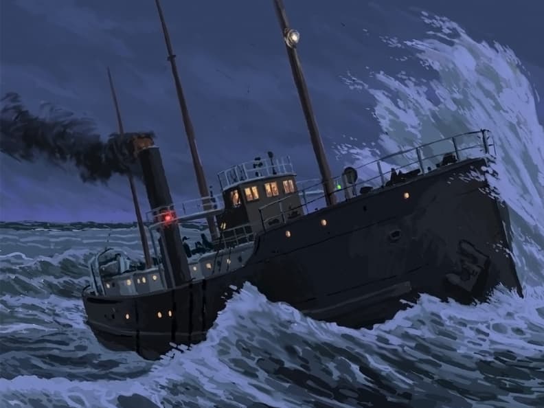 Illustration du SS Bannockburn luttant à mer dans une mer sombre et orageuse.