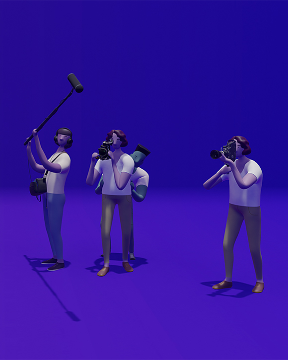 Modélisation 3D de deux caméras accompagnées de deux opérateurs et de deux assistants.