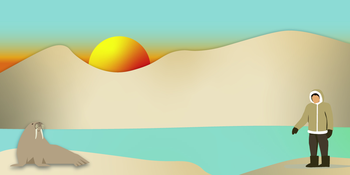 Le dessin représente un paysage du Grand Nord en été, avec des lumières d’un soleil tout juste levant ou couchant. Au premier plan, un morse sur la gauche et une personne sur la droite se tiennent sur le rivage d’un plan d’eau. En arrière-plan, des montagnes derrière lesquelles un soleil, à demi dévoilé, se lève ou se couche.